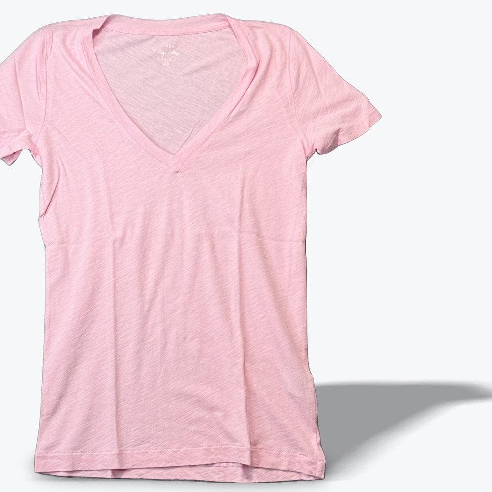 J.Crew Vintage Cotton V-Neck T-Shirt Pink Short Sleeve Slub Tee Womens XS